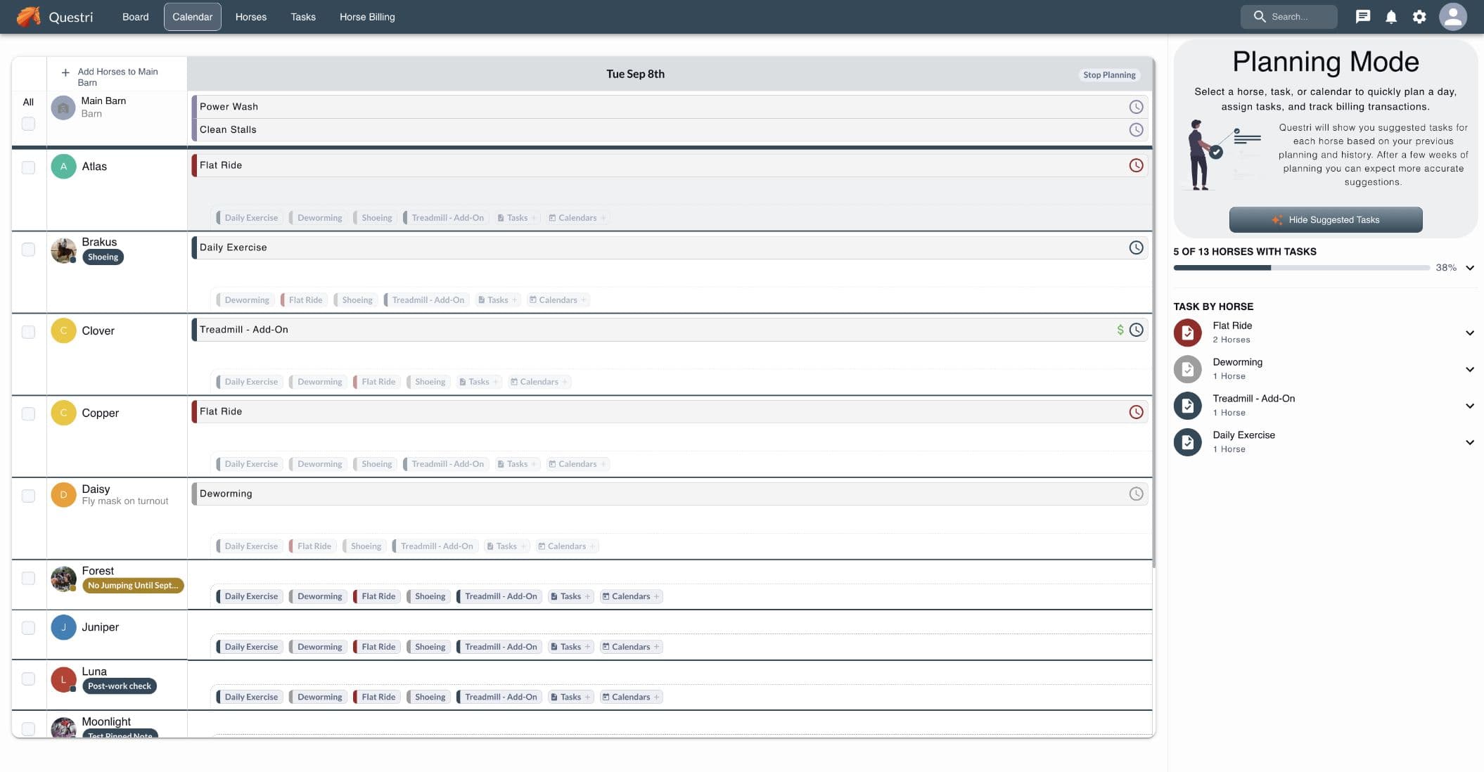 Questri Planning Mode showing the daily plan, horse reminders, suggested tasks, and planning progress