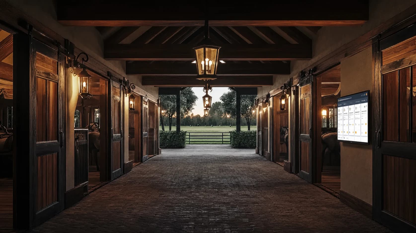 Warmly lit horse stable aisle with a wall-mounted Digital Barn Board